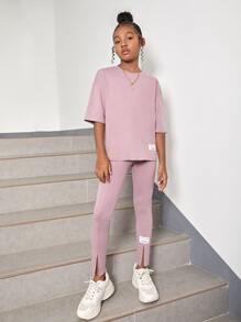 SHEIN Girls Patched Detail Drop Shoulder Tee & Slit Hem Trousers - Dusty Purple - View 3