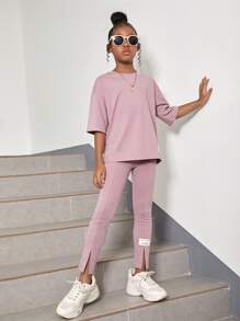 SHEIN Girls Patched Detail Drop Shoulder Tee & Slit Hem Trousers - Dusty Purple - View 4