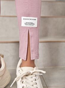 SHEIN Girls Patched Detail Drop Shoulder Tee & Slit Hem Trousers - Dusty Purple - View 5