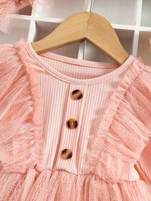 SHEIN 嬰兒網紗拼接荷葉邊連衣裙和頭巾 - 淺粉色 - 查看 3