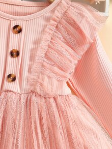 SHEIN 嬰兒網紗拼接荷葉邊連衣裙和頭巾 - 淺粉色 - 查看 4