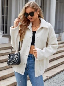 SHEIN Unity Drop Shoulder Pocket Patched Teddy Coat - Apricot - View 4