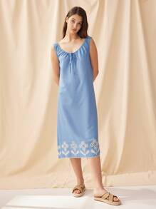 Wearable Sexy Embroidery Night Dress Women Pajamas Sky Blue - Baby Blue - View 5