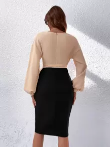 SHEIN Privé Two Tone Surplice Neck Bishop Sleeve Belted Dress - Multicolor - View 3