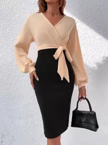 SHEIN Privé Two Tone Surplice Neck Bishop Sleeve Belted Dress - Multicolor - View 6