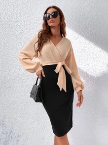 SHEIN Privé Two Tone Surplice Neck Bishop Sleeve Belted Dress - Multicolor - View 1