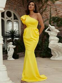 Missord One Shoulder Exaggerated Ruffle Prom Dress - Yellow - View 3