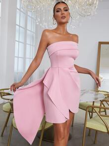 單肩垂墜褶邊圍裹不對稱下擺洋裝 - 淺粉色 - 查看 5