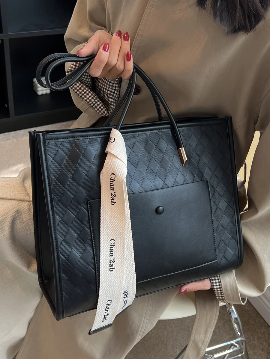 Minimalist Skinny Scarf Decor Shoulder Tote Bag - Black - View 1