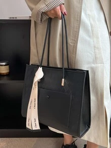 Minimalist Skinny Scarf Decor Shoulder Tote Bag - Black - View 5