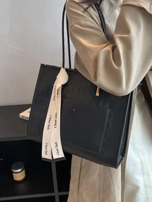 Minimalist Skinny Scarf Decor Shoulder Tote Bag - Black - View 6