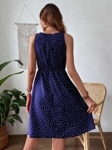 SHEIN VCAY Polka Dot Ruffle Trim Overlap Collar Dress - Royal Blue - View 2