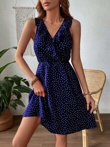 SHEIN VCAY Polka Dot Ruffle Trim Overlap Collar Dress - Royal Blue - View 4