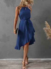 SHEIN Clasi Solid Ruffle Trim Belted Wrap Cami Dress - Navy Blue - View 1