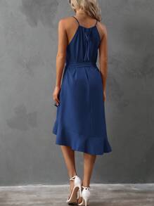 SHEIN Clasi Solid Ruffle Trim Belted Wrap Cami Dress - Navy Blue - View 2