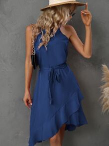 SHEIN Clasi Solid Ruffle Trim Belted Wrap Cami Dress - Navy Blue - View 4