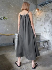 DAZY Vestido de tirantes de tela lisa tipo vestido de verano - Gris Oscuro - Ver 2