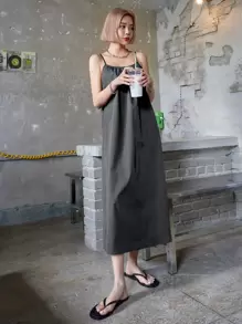 DAZY Vestido de tirantes de tela lisa tipo vestido de verano - Gris Oscuro - Ver 3