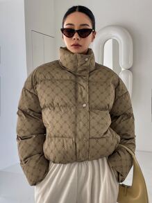 DAZY 几何印花落肩羽绒加厚外套，冬季女装，冬季外套女式夹克 - 卡其色 - 查看 7