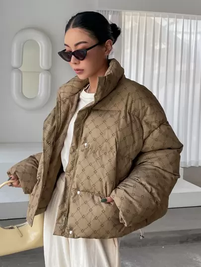 DAZY 几何印花落肩羽绒加厚外套，冬季女装，冬季外套女式夹克