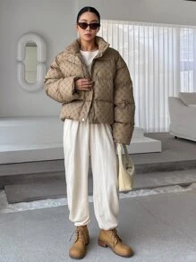 DAZY 几何印花落肩羽绒加厚外套，冬季女装，冬季外套女式夹克 - 卡其色 - 查看 4