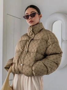 DAZY 几何印花落肩羽绒加厚外套，冬季女装，冬季外套女式夹克 - 卡其色 - 查看 5