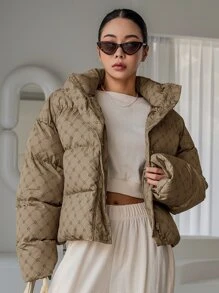 DAZY 几何印花落肩羽绒加厚外套，冬季女装，冬季外套女式夹克 - 卡其色 - 查看 3