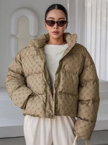 DAZY 几何印花落肩羽绒加厚外套，冬季女装，冬季外套女式夹克 - 卡其色 - 查看 8