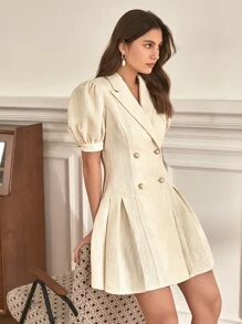 SHEIN Frenchy 泡泡袖雙排釦百褶下擺洋裝