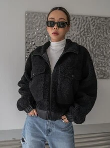 DAZY Flap Pocket Drop Shoulder Teddy Jacket - Black - View 4