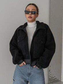 DAZY Flap Pocket Drop Shoulder Teddy Jacket - Black - View 8