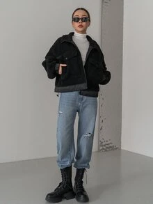 DAZY Flap Pocket Drop Shoulder Teddy Jacket - Black - View 7