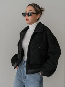 DAZY Flap Pocket Drop Shoulder Teddy Jacket - Black - View 1