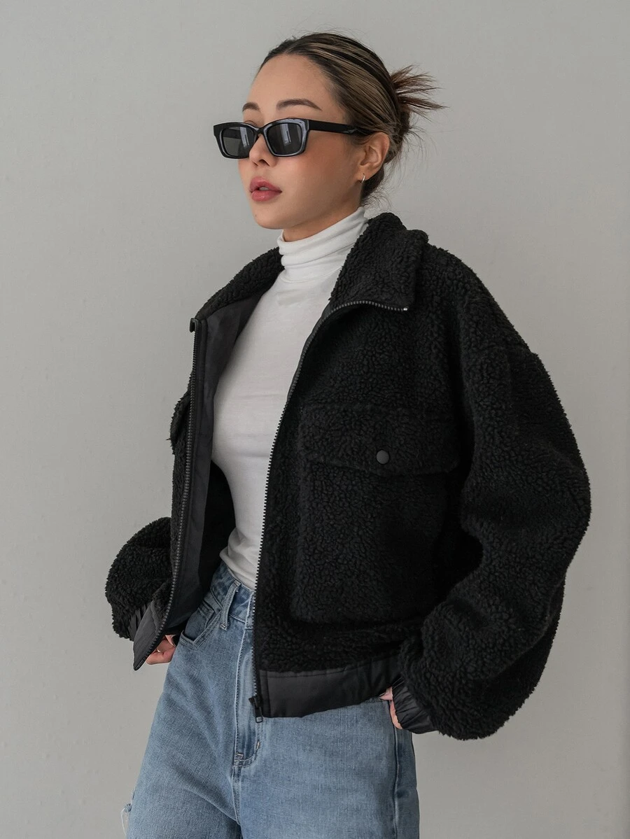 DAZY Flap Pocket Drop Shoulder Teddy Jacket - Black - View 1