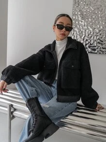 DAZY Flap Pocket Drop Shoulder Teddy Jacket - Black - View 3