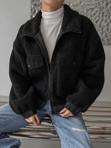 DAZY Flap Pocket Drop Shoulder Teddy Jacket - Black - View 5