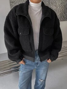 DAZY Flap Pocket Drop Shoulder Teddy Jacket - Black - View 6