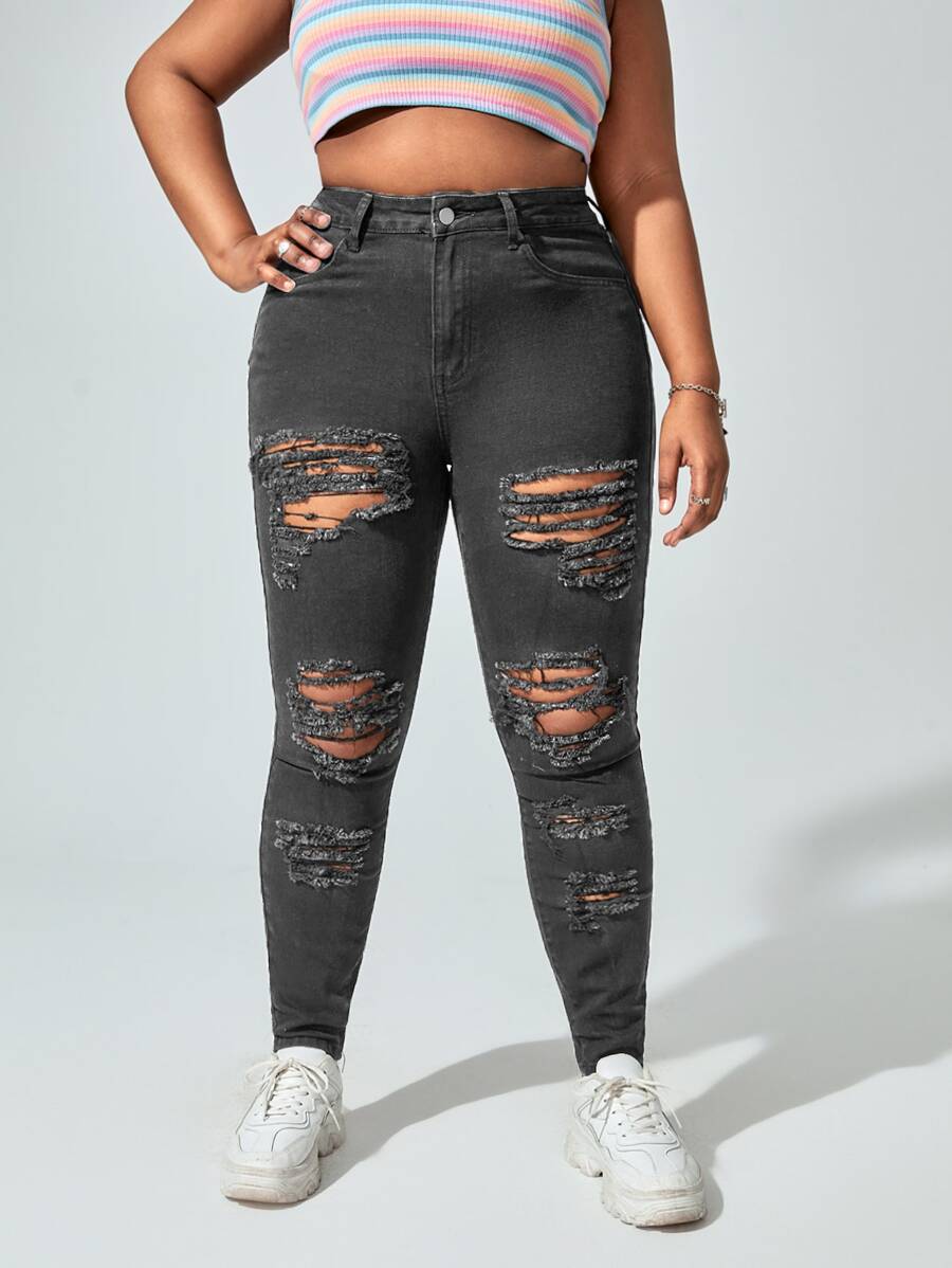 大碼高腰破洞抽鬚鏤空緊身牛仔褲 - 深灰色 - 查看 1