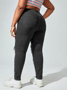 大碼高腰破洞抽鬚鏤空緊身牛仔褲 - 深灰色 - 查看 2