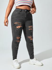 大碼高腰破洞抽鬚鏤空緊身牛仔褲 - 深灰色 - 查看 3