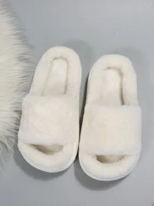 Single Band Fluffy Bedroom Slippers,Women's spring and autumn white thick-soled toes exposed toe fur slippers, home and outdoor versatile gifts slippers - Beige - View 4