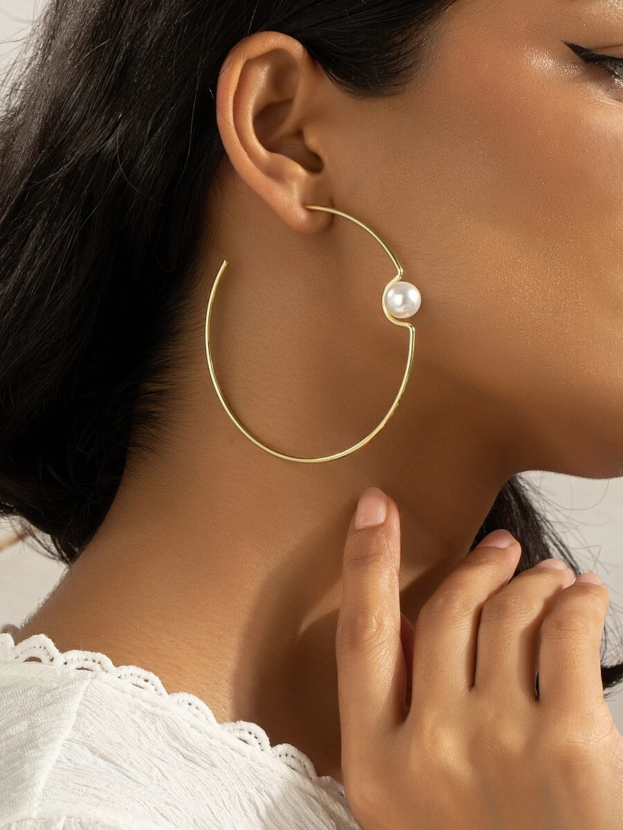 Faux Pearl Decor Cuff Hoop Earrings - Yellow Gold - View 1