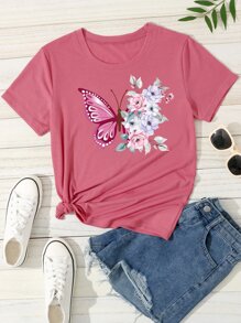 SHEIN LUNE Floral & Butterfly Print Tee Graphic Tees Women Tops - Pink - View 1