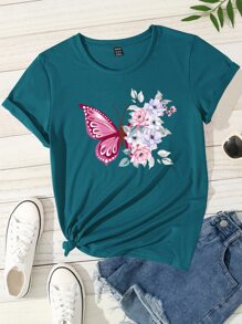 SHEIN LUNE Áo thun nữ Hoa Loại bướm Giải trí - Màu xanh ngọc - Xem 1