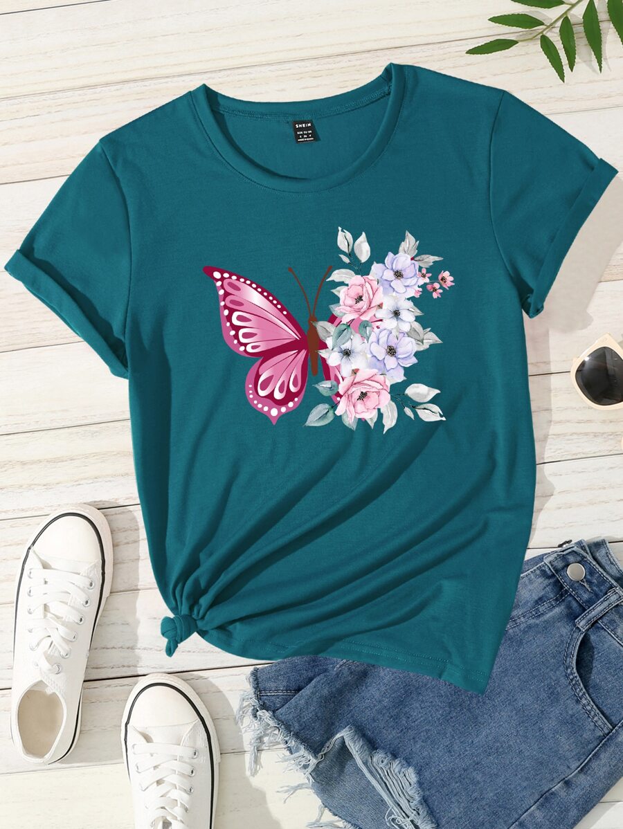 SHEIN LUNE Áo thun nữ Hoa Loại bướm Giải trí - Màu xanh ngọc - Xem 1