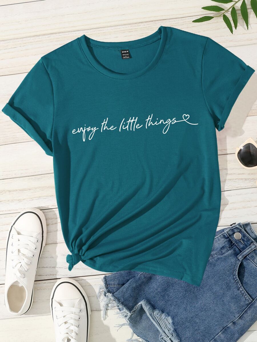 Chiquease 1 件心形和口号图案 T 恤 Enjoy The Little Things 图案 T 恤 女士上衣 - 水鴨藍 - 查看 1