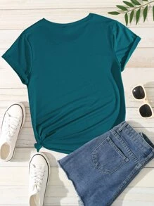 SHEIN LUNE Áo thun nữ Hoa Loại bướm Giải trí - Màu xanh ngọc - Xem 2