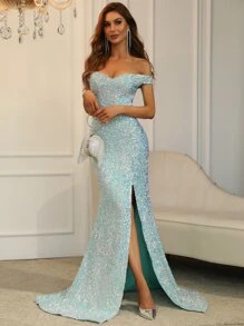 一字肩高衩亮片舞會連衣裙 - 薄荷綠 - 查看 1