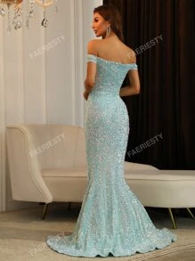 Off Shoulder Split Thigh Sequin Prom Dress Elegant Formal Evening Wedding Guest Gown, For Graduation, Dinner Party Dress
