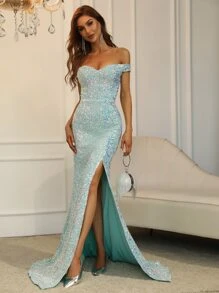 一字肩高衩亮片舞會連衣裙 - 薄荷綠 - 查看 6